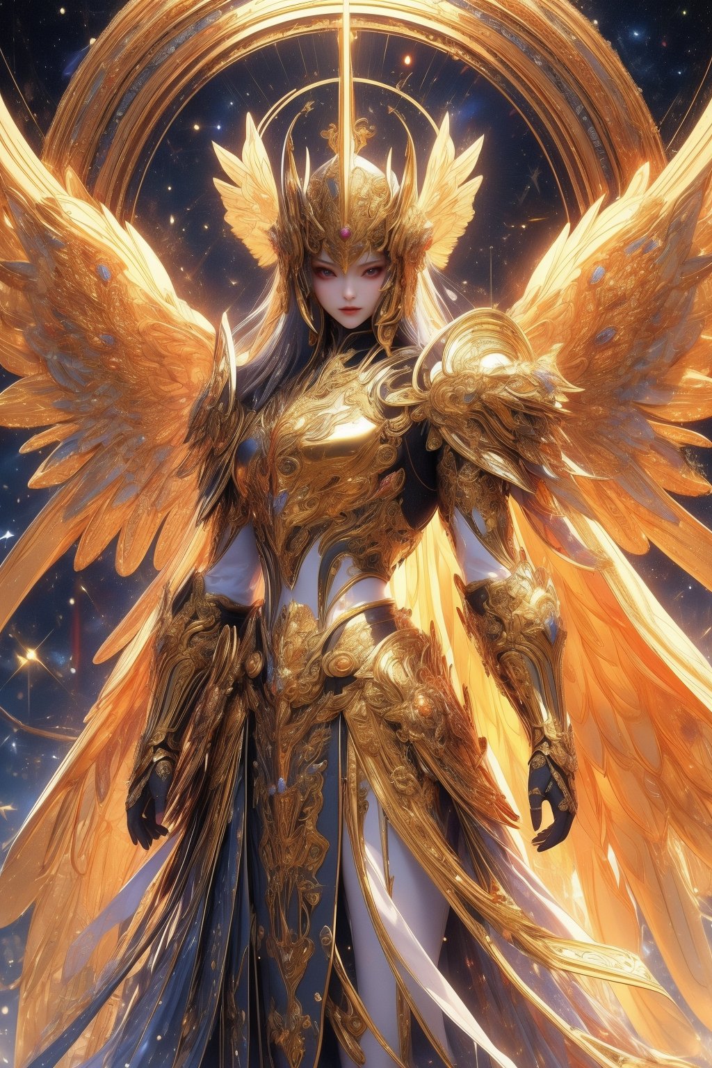 busty and sexy girl, 8k, masterpiece, ultra-realistic, best quality, high resolution, high definition,A celestial being with ornate golden armor and large, majestic wings that have a metallic sheen. The being should exude an aura of power and grace, standing in front of a backdrop that suggests an ethereal or heavenly realm.