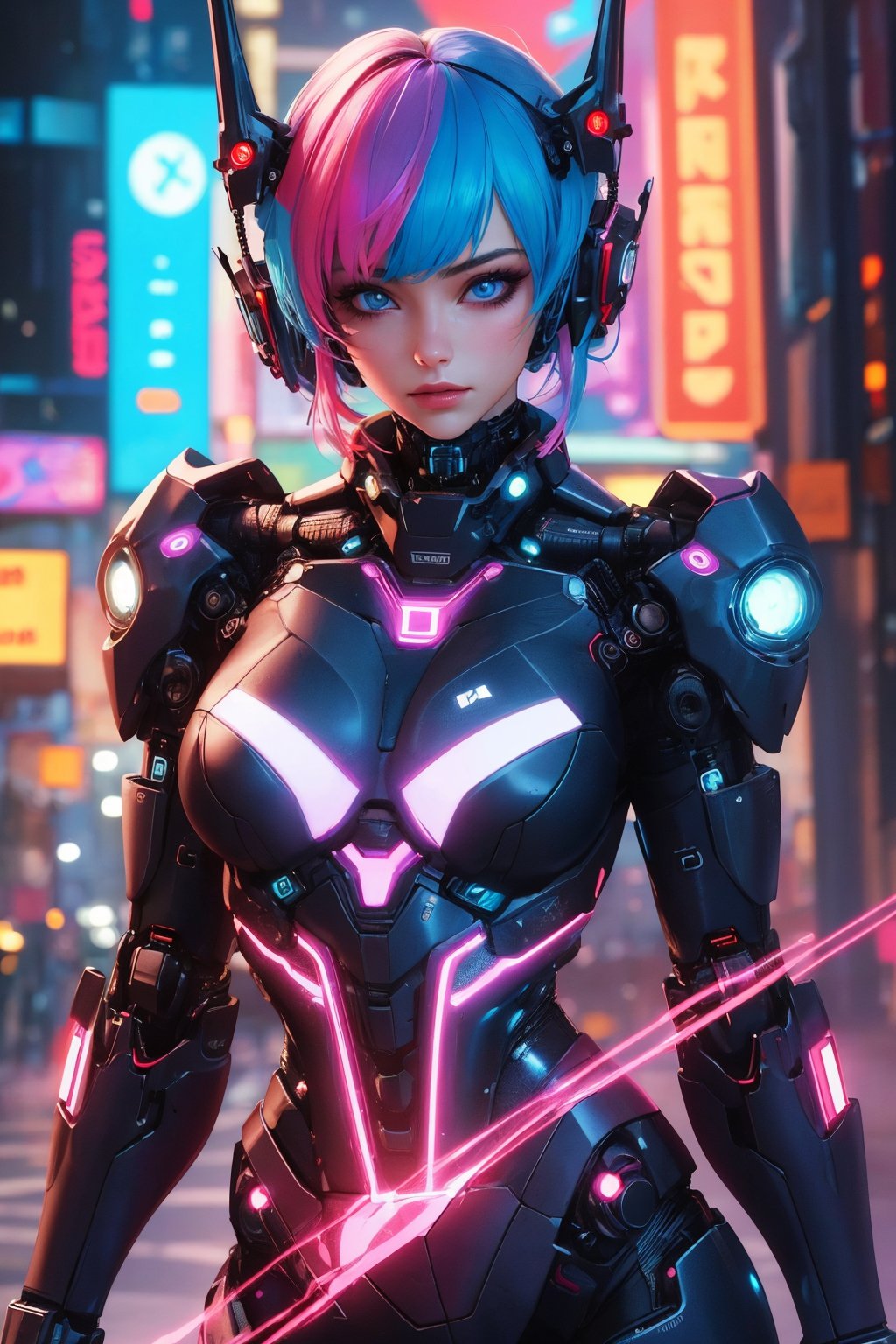 busty and sexy girl, 8k, masterpiece, ultra-realistic, best quality, high resolution, high definition, hologram, cyberpunk, MULTI-COLOER HAIR, science fiction, neon light, night city, GLOWING MECHA PARTS