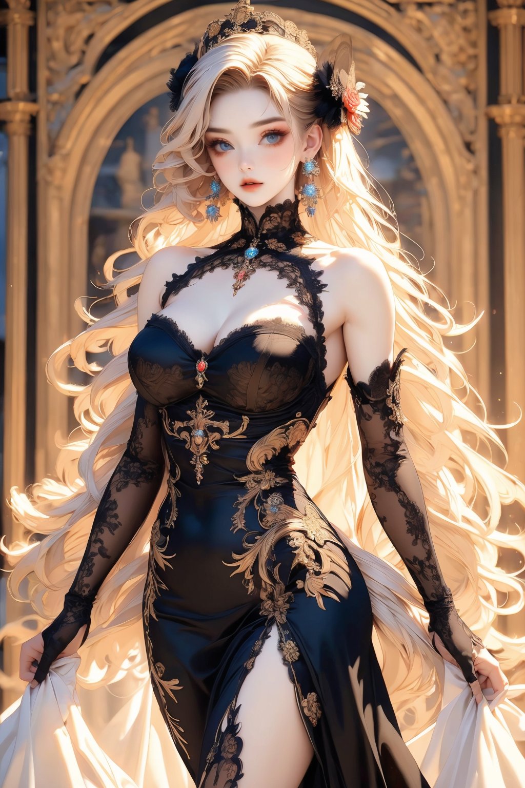 busty and sexy girl, 8k, masterpiece, ultra-realistic, best quality, high resolution, high definition,1girl, solo, long hair, breasts, looking at viewer, blue eyes, blonde hair, dress, cleavage, bare shoulders, jewelry, medium breasts, very long hair, cowboy shot, earrings, detached sleeves, blurry, black dress, lips, grey eyes, blurry background