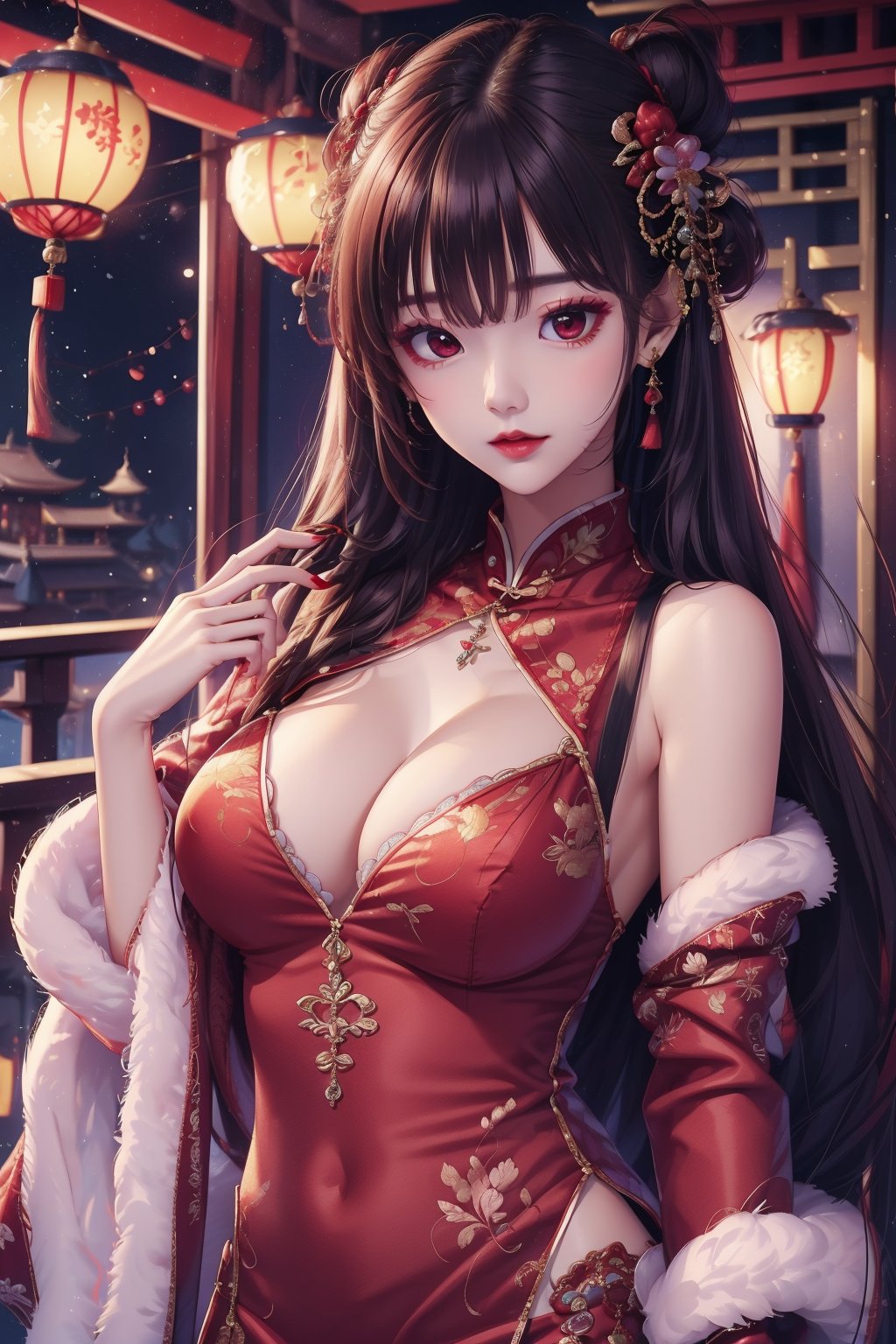 busty and sexy girl, 8k, masterpiece, ultra-realistic, best quality, high resolution, high definition, 1girl, solo, breasts, looking at viewer, bangs, large breasts, black hair, hair ornament, red eyes, long sleeves, dress, holding, bare shoulders, jewelry, closed mouth, upper body, earrings, detached sleeves, sleeveless, indoors, hand up, off shoulder, hair bun, nail polish, makeup, chinese clothes, red dress, single hair bun, tassel, china dress, red nails, red lips, architecture, east asian architecture, tassel earrings