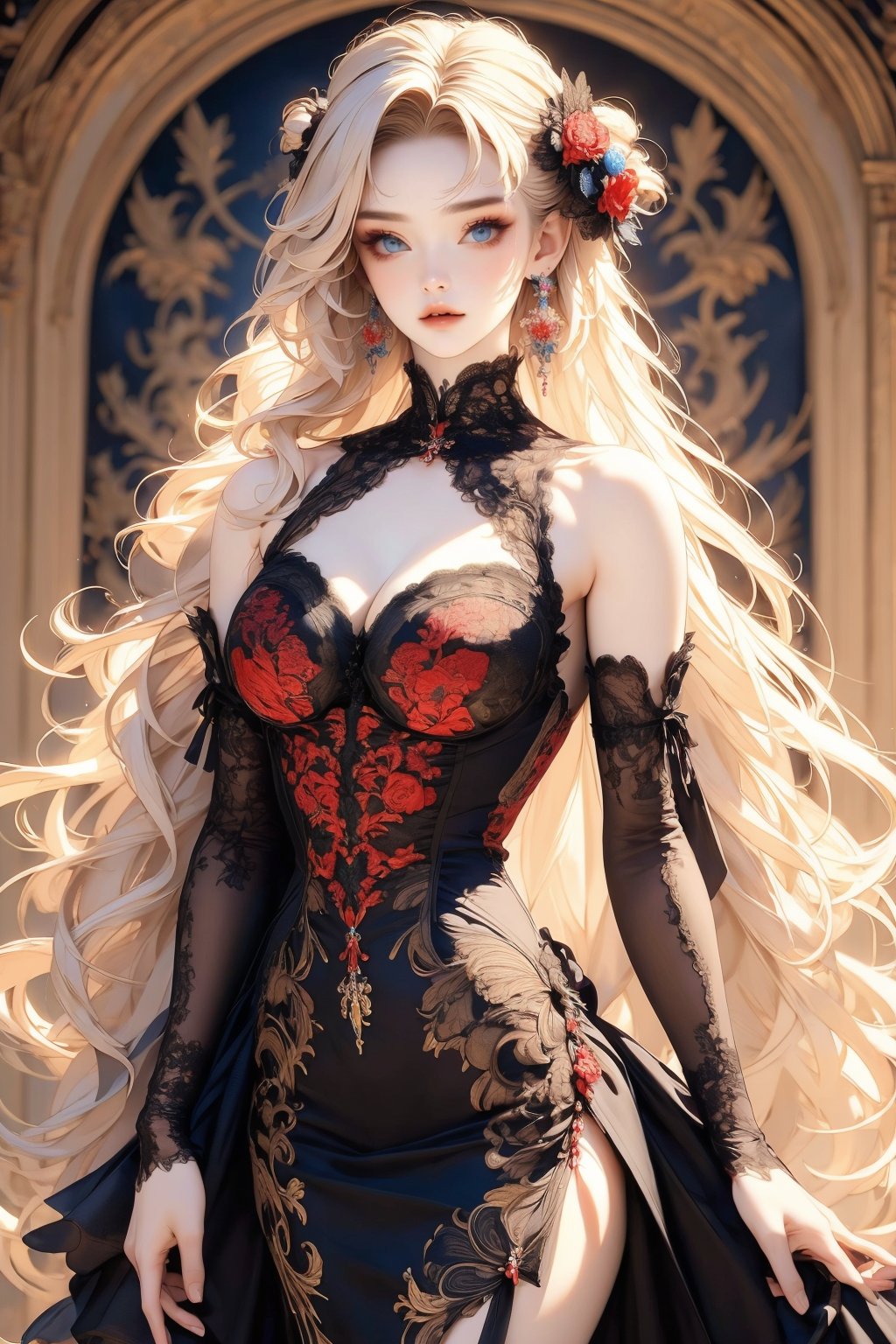 busty and sexy girl, 8k, masterpiece, ultra-realistic, best quality, high resolution, high definition,1girl, solo, long hair, breasts, looking at viewer, blue eyes, blonde hair, dress, cleavage, bare shoulders, jewelry, medium breasts, very long hair, cowboy shot, earrings, detached sleeves, blurry, black dress, lips, grey eyes, blurry background