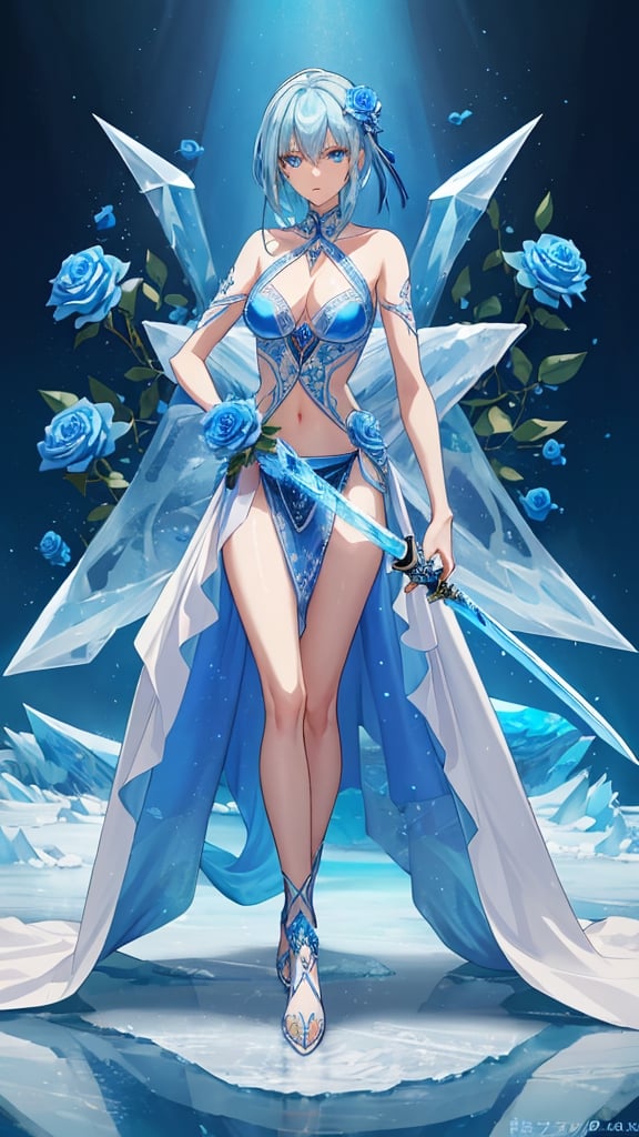 A long, slender sword made of pure blue ice. The blade is decorated with intricate carvings of blue roses. A sword embedded in an ice glacier, in the background are beautiful blue ice roses.,RING,mecha