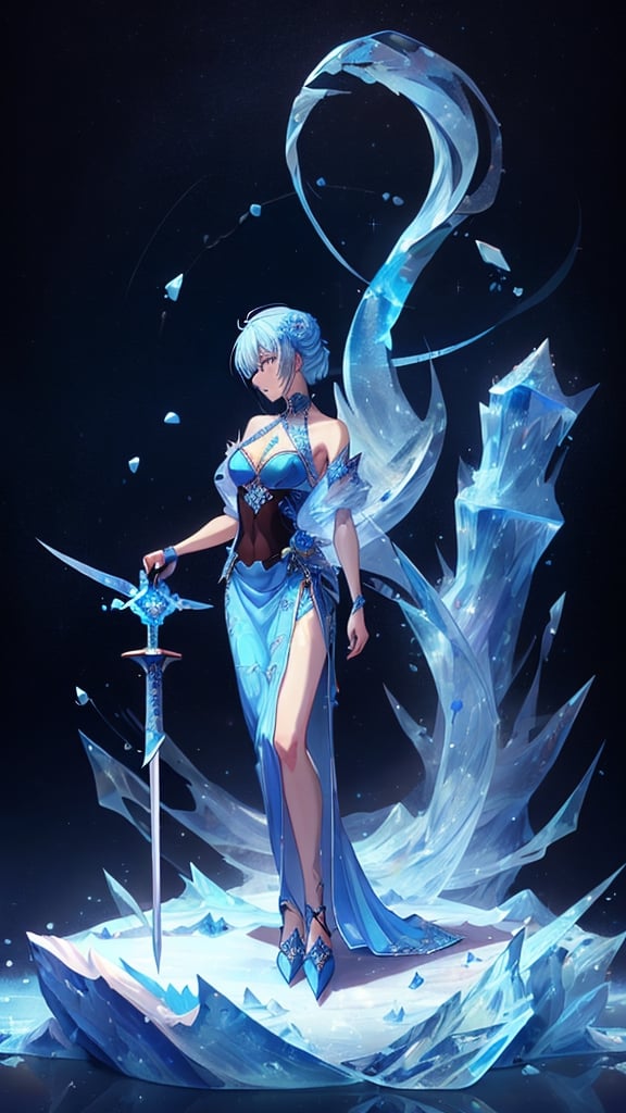 A long, slender sword made of pure blue ice. The blade is decorated with intricate carvings of blue roses. A sword embedded in an ice glacier, in the background are beautiful blue ice roses.,DonMF41ryW1ng5