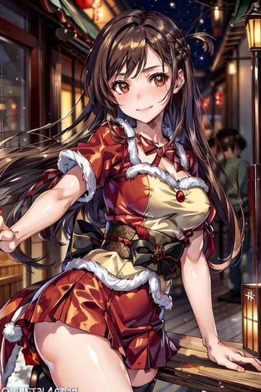 Chizuru in an erotic mamanuela costume, Christmas atmosphere, Masterpiece, best quality, official art, 1girl, japan_crithmas, light smile, long hair, brown hair, medium breast, dynamic lighting, she is on a street in Tokyo, detailed background, intricate detailed, finely detailed.