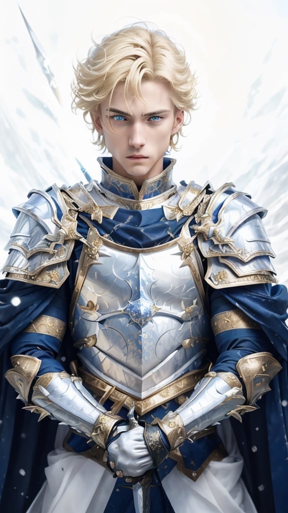 A young warrior with blonde hair, bright blue eyes. He has a serious expression. He is dressed in epic silver armor, the armor has details of roses and ice, the young man carries a sword in his hands, in the background there is a great snowstorm.,marb1e4rmor