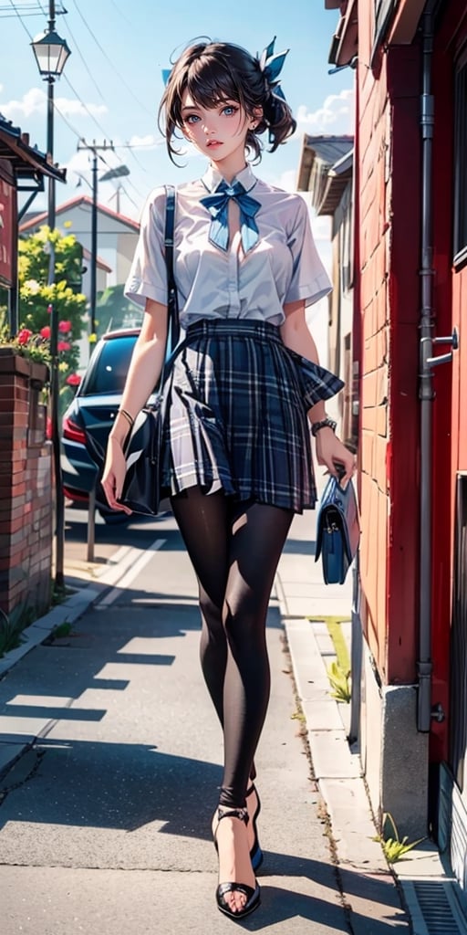 (best quality, highres:1.2), ultra-detailed, realistic, Nagara (Azure Lane), origin, school uniform, 1 girl, solo, outdoors, looking at the viewer, masterpiece, illustration, broken neckline, legging, high heels.