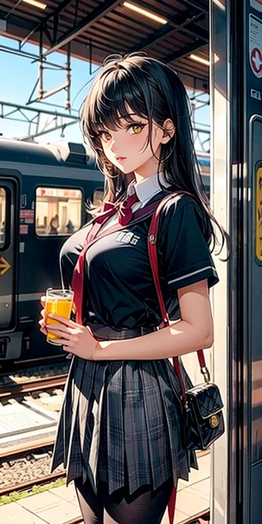 Sexy high school girl next to a train station, origin, school uniform, 1 girl, yellow eyes, black eyelids, dark purple hair, solo, outdoors, looking at the viewer, masterpiece, illustration, train station in tokyo.