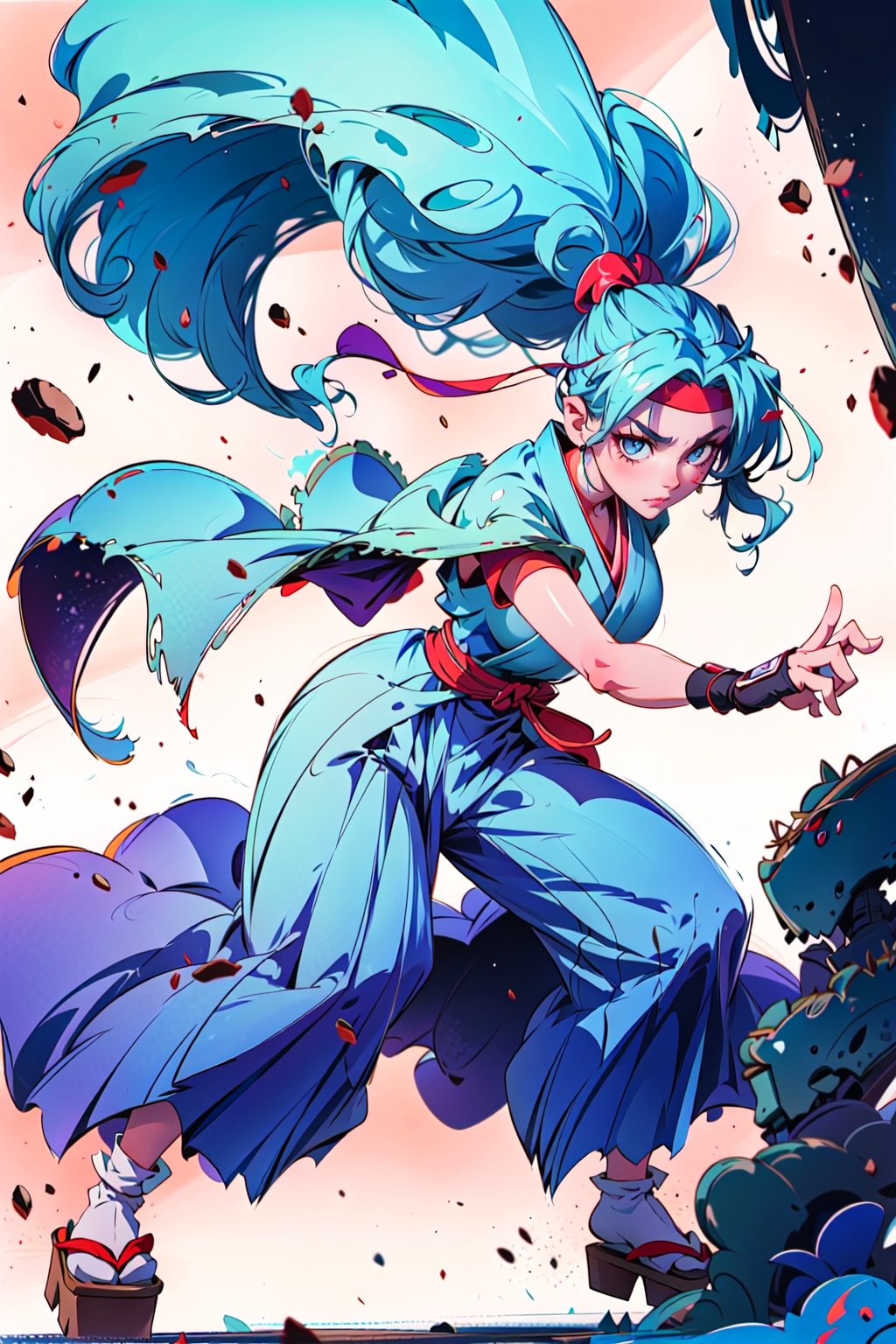 best quality, official art, ,ponytail, hakama,blue hakama skirt, japanese clothes,  headband, white japanese socks,red belt, ,neckline:1.4, geta:1.3, large fingerless gloves, old tokyo, blue hair, fighting,boobs