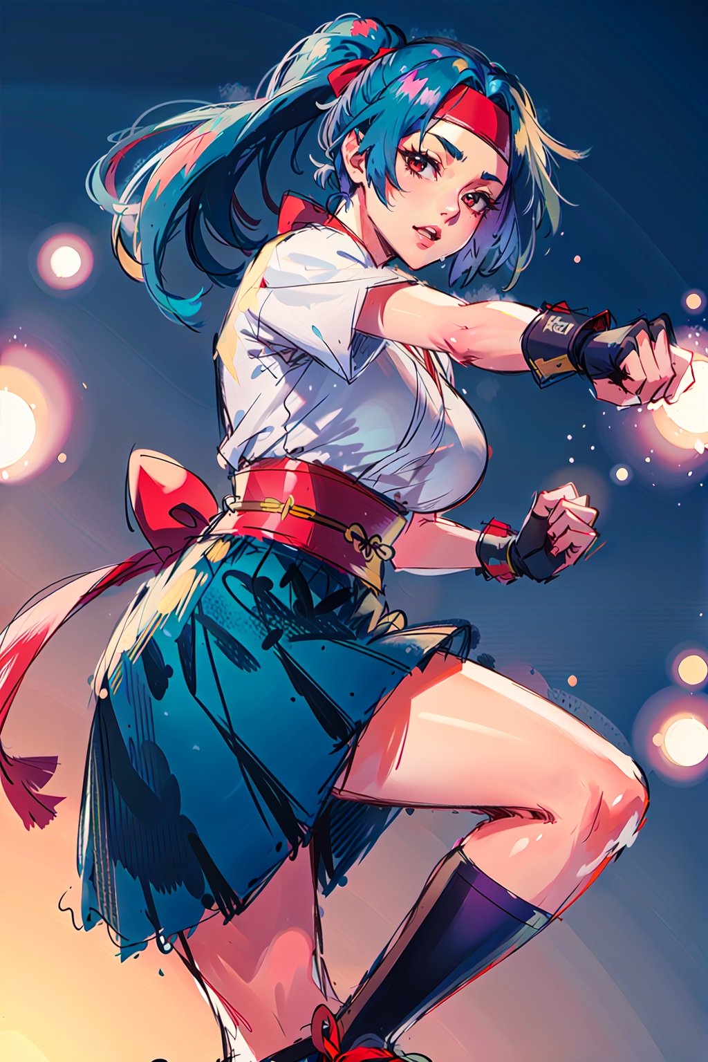 best quality, official art, ,ponytail, hakama,blue hakama skirt, japanese clothes,  headband, white japanese socks,red belt, ,neckline:1.4, geta:1.3, large fingerless gloves, old tokyo, blue hair, fighting,boobs