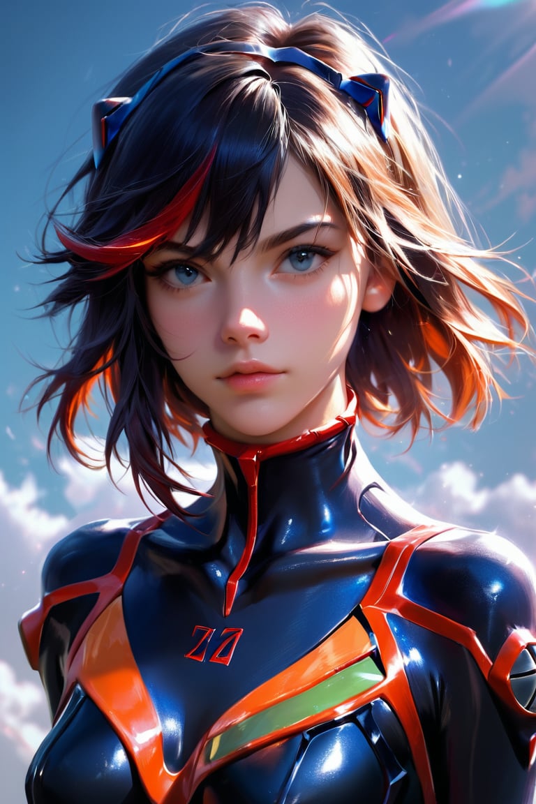 source_Kill la Kill, Ryuko Matoi, score_9, score_8_up, score_7_up,  plug suit, evangelion,  portrait, light particules, realistic, soft lighting, black clothes, medium hair, 
