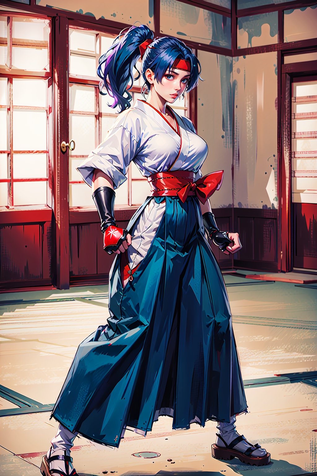 best quality, official art, ,ponytail, hakama,blue hakama skirt, japanese clothes,  headband, white japanese socks,red belt, ,neckline:1.4, geta:1.3, large fingerless gloves, old tokyo, blue hair, fighting,boobs