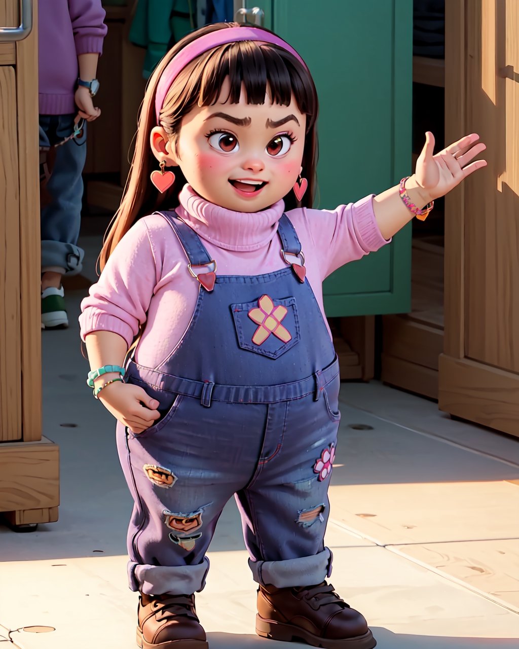 abby, 1girl, solo,  long hair, bangs,  black hair, jewelry, standing, full body, heart, hairband, earrings, bracelet, sweater, turtleneck, female child, overalls, chubby, pink hairband, smile, pixar style