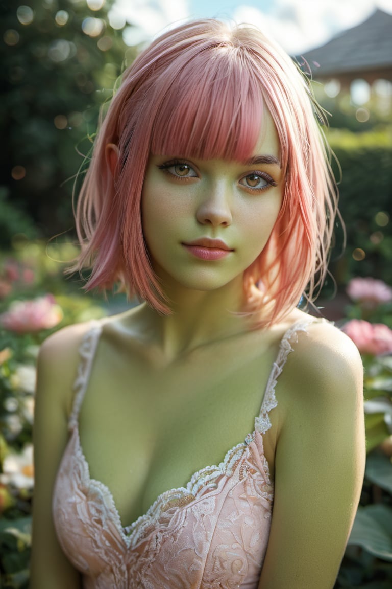 score_9, score_8_up, score_7_up,   1girl, realistic, photo, bokeh, garden, clouds, green skin, alien, pink hair, fringe, 