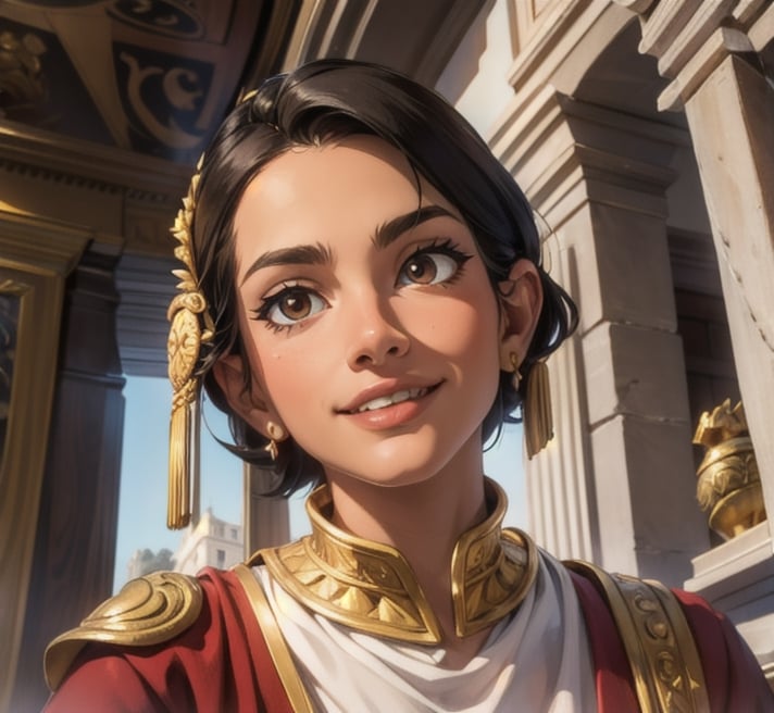 movie picture quality, animated film,Roman-style,older male senator with standing looking away,looking to the right,on the roman senate floor,toga,Front,smile,european,depth of fields,high light,Real light,Ray traching,oc rendered,best qualtiy,8K,Works of masters,Correct anatomy,sharp focus on eyes,Facial features are carefully depicted,EpicArt,brown_eyes,