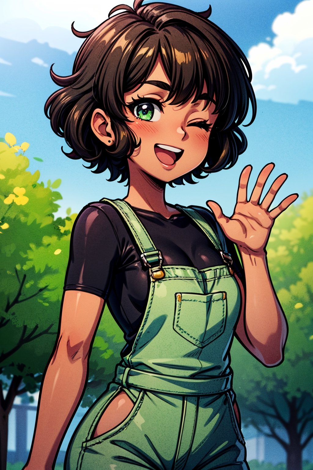 1girl, female_solo, dark brown skin, brown skin, lime green overalls, eyes closed, open mouth smile, waving, black hair, short hair, curly_hair, lime green capon head, farm, green shirt