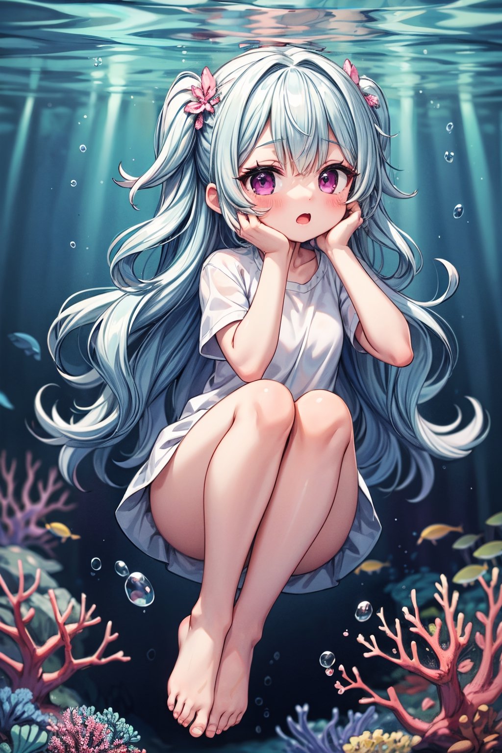 long wavy hair, light blue hair, bottomless, oversized white shirt, barefoot, foot fetish, hands on her face, magenta eyes, underwater, bubbles