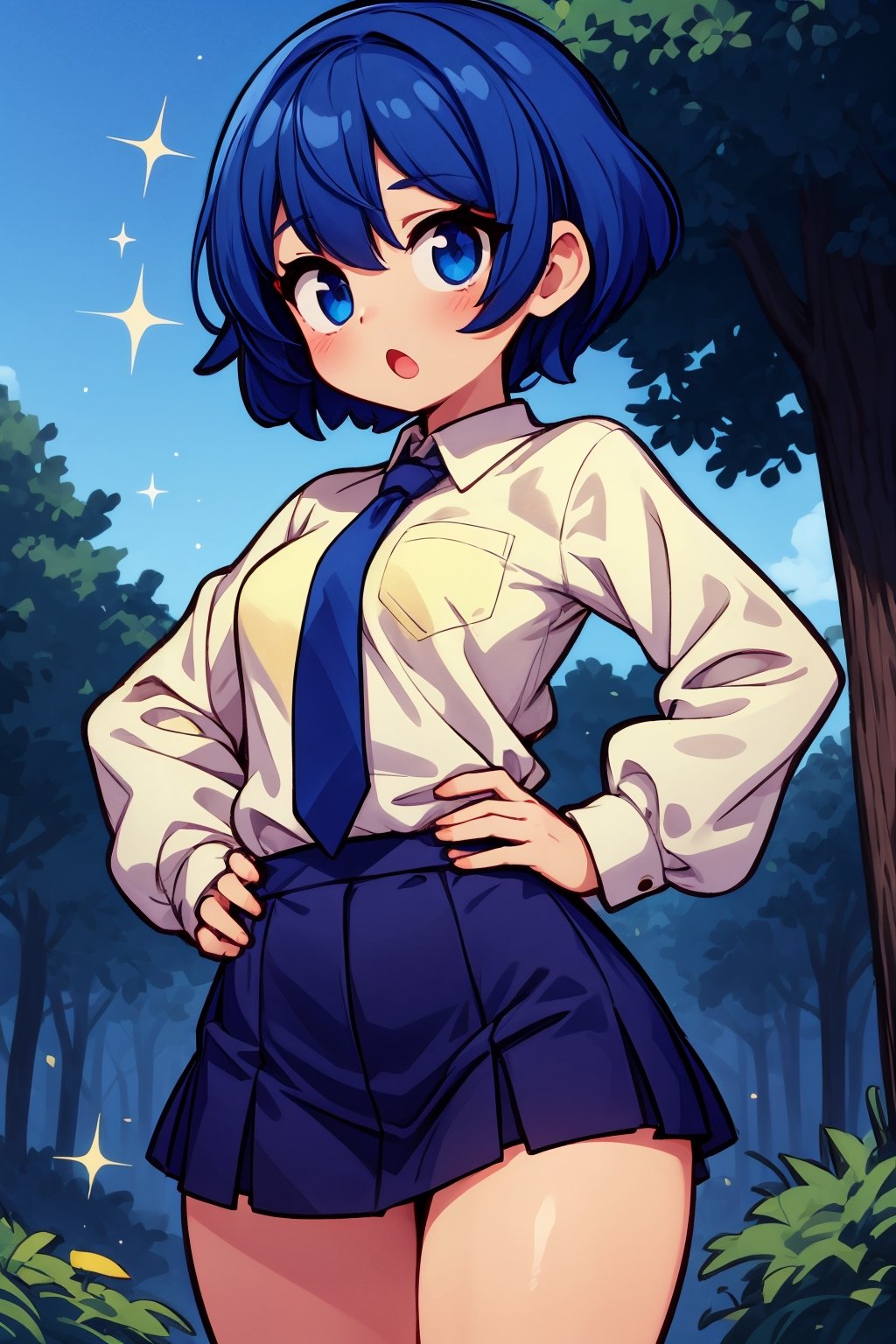 super cute girl, dark blue hair, short hair, hands on her hips, blue eyes, sparkling, yellow to violet gradient button up shirt, violet tie, bottomless, thighs, :o, outdoors