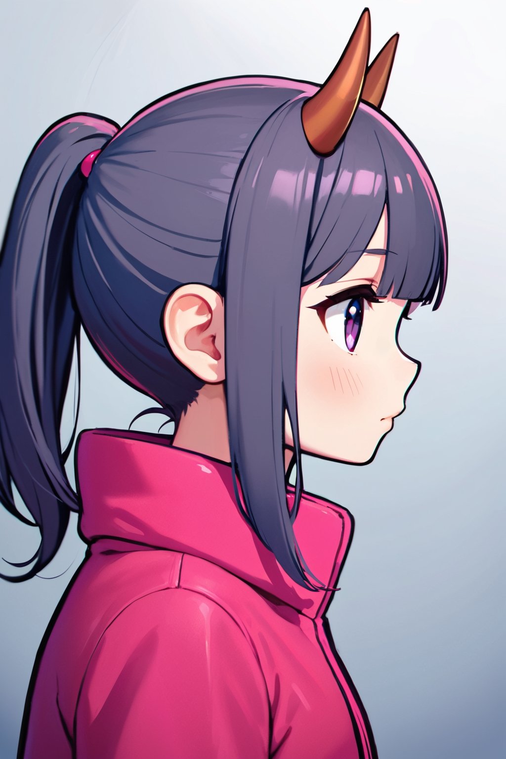 1girl, cute, side view, tiny horns, dark grey purple hair, ponytail, dark eyes, magenta winter coat, blush