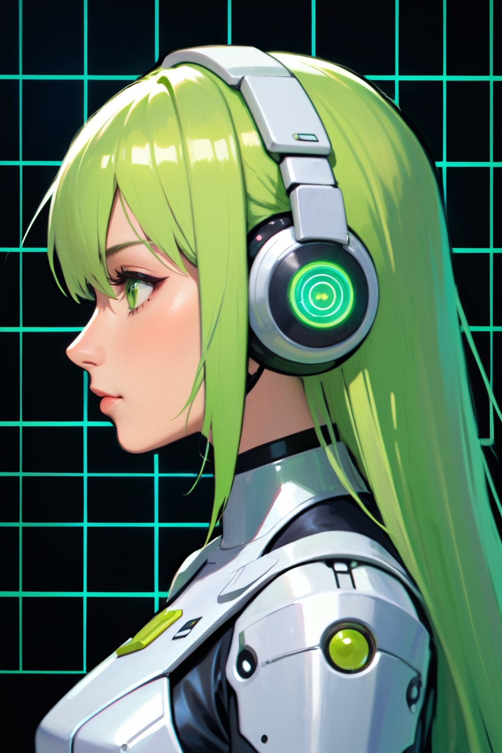 1girl, lime green hair, grid background, side view, portrait, futuristic armor, futuristic headphones