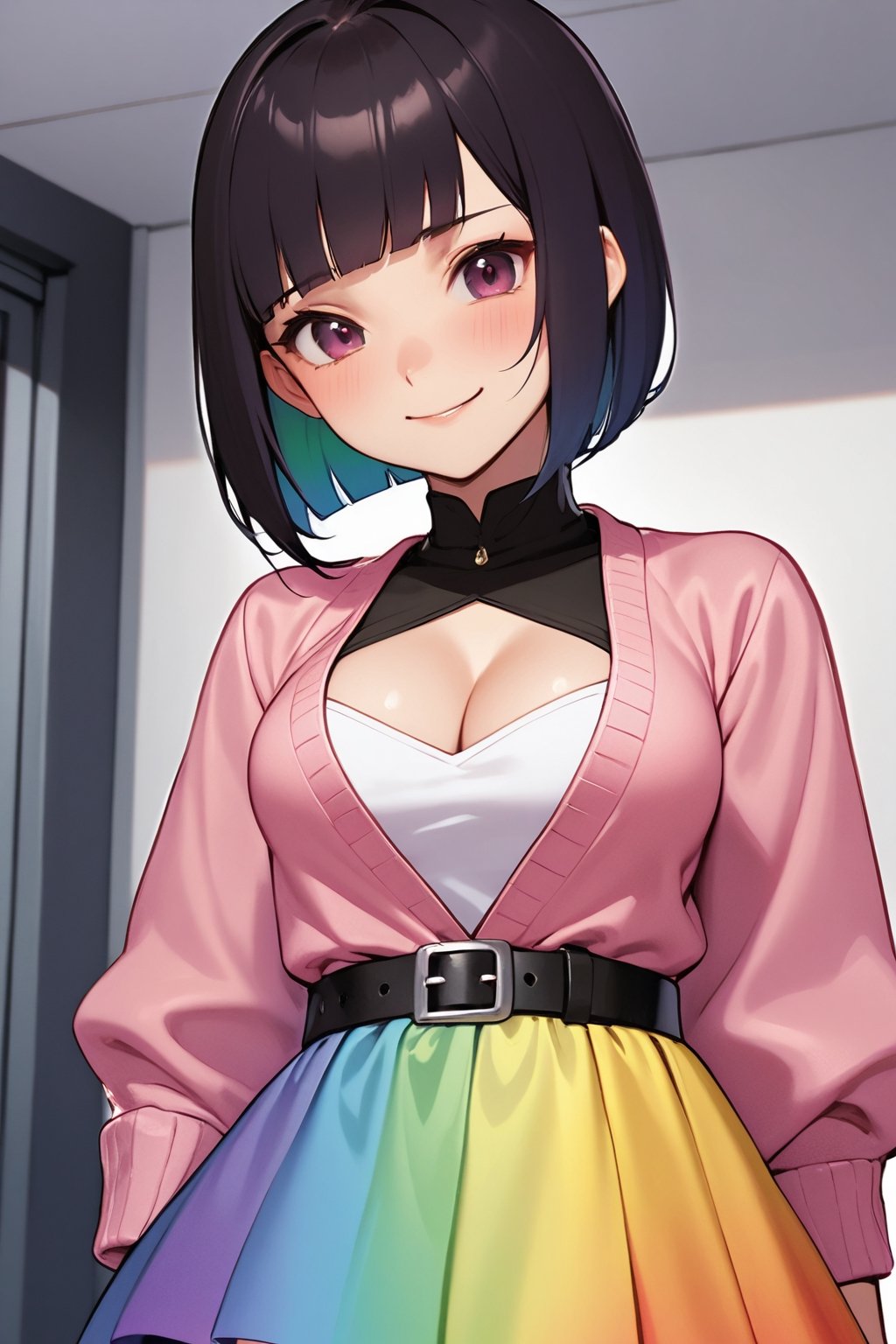 smug smile, belt, rainbow gradient skirt, pink jacket, indoors, cleavage, black corset, bobcut, dark hair