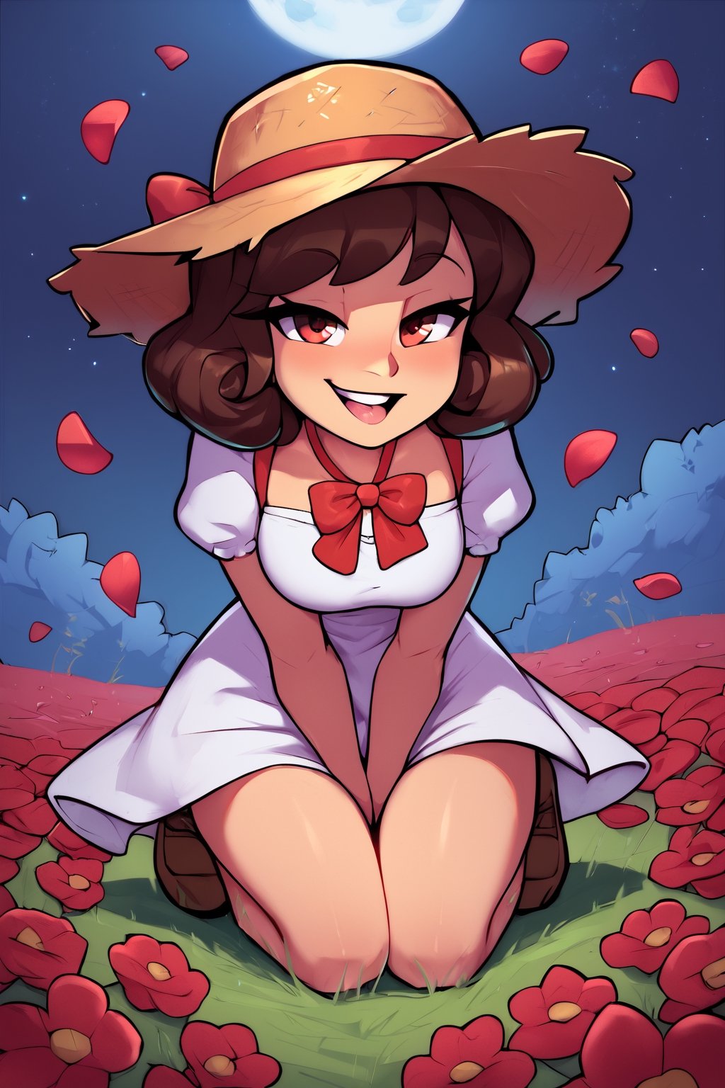 score_9, score_8_up, super cute style, uncensored, 1girl, female_solo, red petals floating in the air, night, white dress, straw hat, red bow, brunette, field of yellow and red flowers, brown shoes, kneeling, leaning forward, arms in front, smug, flirt, alluring, eye_contact, front view