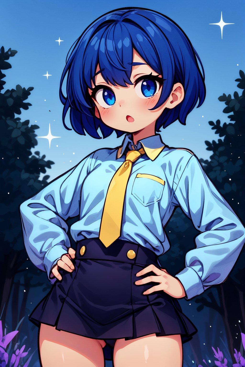 super cute girl, dark blue hair, short hair, hands on her hips, blue eyes, sparkling, yellow to violet gradient button up shirt, violet tie, bottomless, thighs, :o, outdoors
