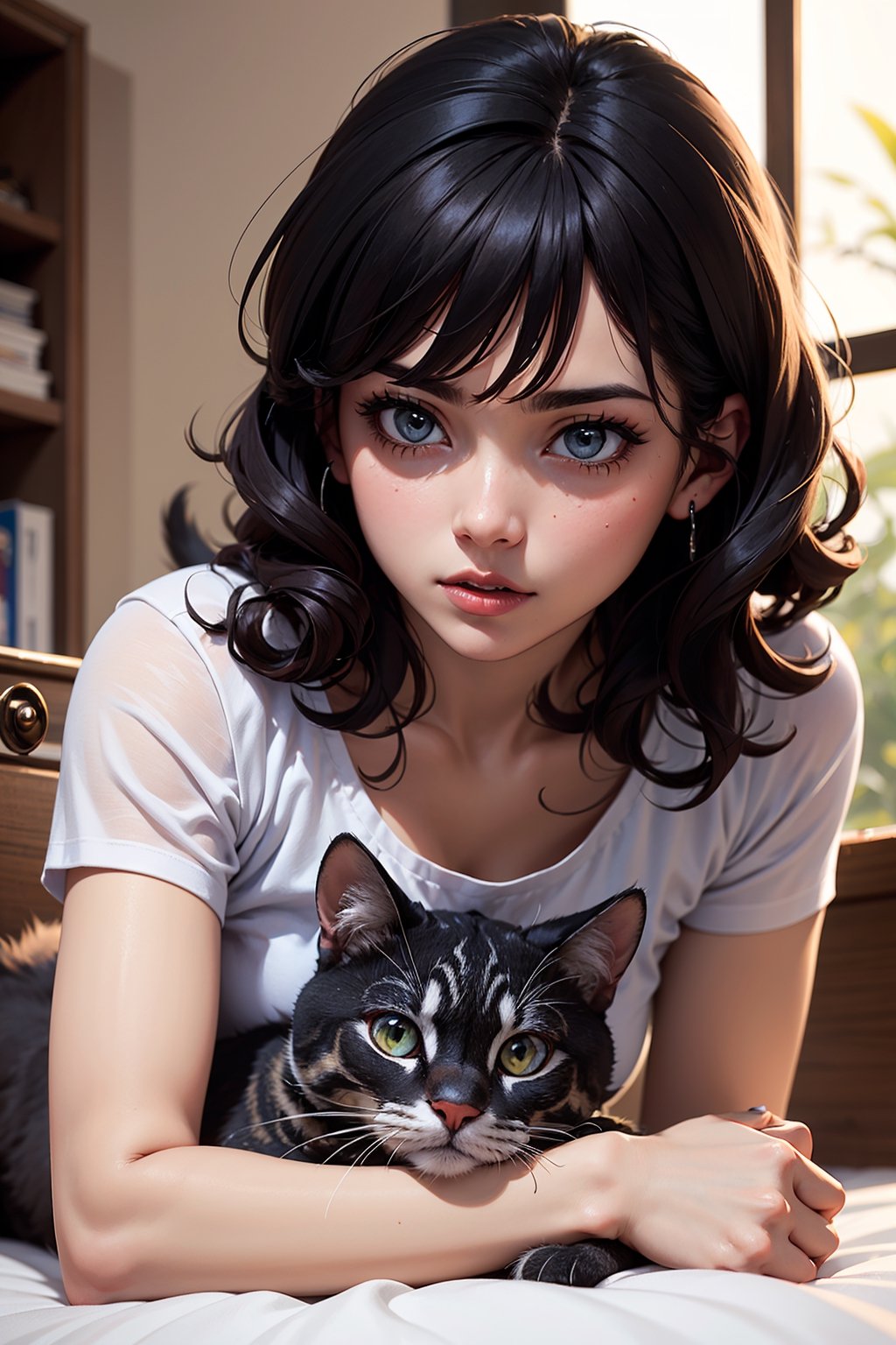 hermosa mujer,  cabello largo negro, ojos azules. Despertando al lado de su tierno gato curl americano.