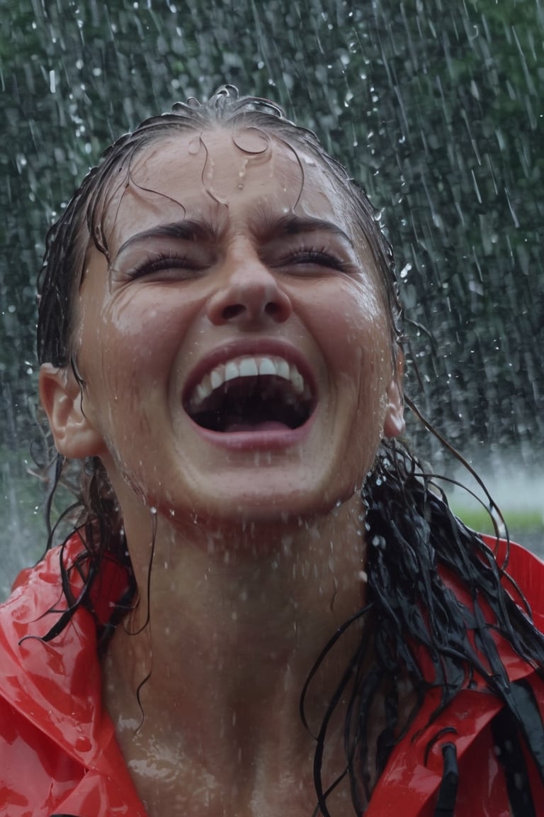 Medium shot of russian woman in a exuberant joyful expression being completely wet under a memerizing heavy splashing rain, extasy, joyful, (wet), raining, (extremely wet face), (extremely wet clothing), dramatic light, she is very detailed in 8K