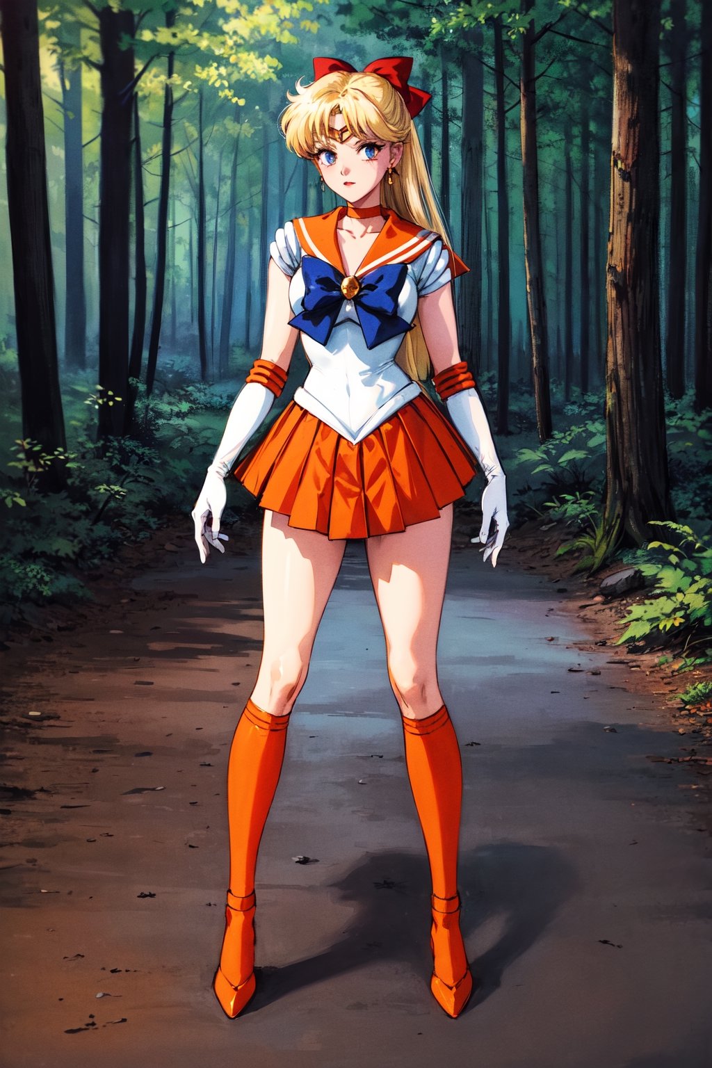 masterpiece,best quality,highres,sv1,sailor senshi uniform,orange skirt,elbow gloves,tiara,orange sailor collar,red bow,orange choker,white gloves,jewelry, ((1990s \(style\:):0.9),standing,full body,night,forest,sexy,character sheet.