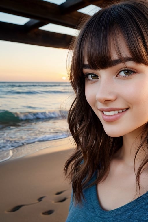 portrait of beautiful 21 year old woman alive,realistic perfect detailed face,(chestnut brown hair wavy hair with bangs:1),luscious long hair,hazel eyes,reflective eyes,lovely smile,realistic skin,highly detailed skin texture,natural skin,gentle soul,lovely,hospitable,conservative,thoughtful,modest,humble,good,kind,stunning realistic photograph,panorama,beautiful sunset,beautiful sea shoreline background,the water is seen to be slowly running low on the shore,small waves are also observed crashing on the shoreline. the surface of the sea is seen to appear blue in color,best quality,beautiful lighting,dramatic lighting,extremely detailed,bokeh