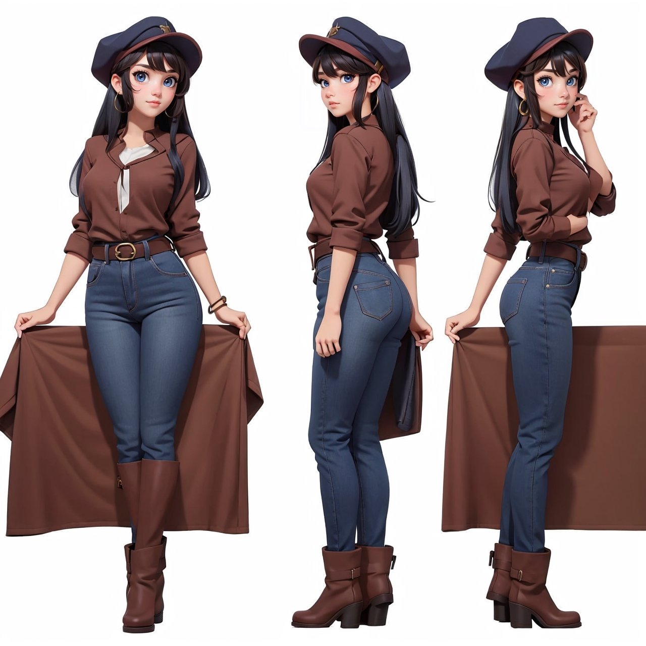 character sheet,  una chica atractiva de 20 años con ojos azules, cabello negro largo suelto. Está vestida con una chaqueta de cuero roja. Lleva una falda dorada que muestra su confianza y actitud segura. Complementa su look con unas botas negras que añaden un toque de elegancia y sensualidad. La imagen debe resaltar su belleza y su pose seductora. light gray background,  beautiful,  good hands,  full body,  looking to the camera,  good body,  sexy pose,  full_body,  with small earrings,  character_sheet, arcane style,  clothes with accessories,  clothes Classico style.,torn clothes, no hat, no cap.,RedHoodWaifu,. Gold blouse.,Mai