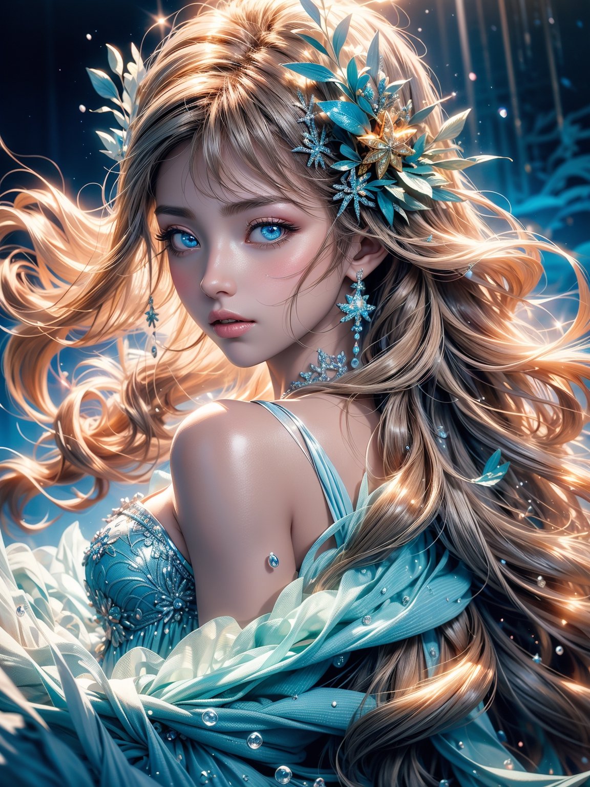 A close-up shot of a young woman with beautiful flowing hair and mesmerizing eyes, wearing a flowing blue and white dress made of waves, in a tranquil underwater world filled with coral reefs, representing beauty and elegance. This is a captivating 8K still photograph taken at sunset, against a radiant and rainbow-like holographic background, capturing a dynamic pose. This moment feels like a highlight in the middle of a journey.