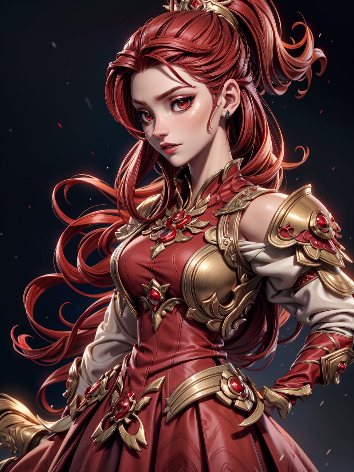 A female vampire with fiery red hair and snow-white skin, dressed in opulent gold and red armor of ancient and luxurious style, highly intricate, noble, and precious. In front of her lies a massive blood-red wolf. Bright lighting. 8K resolution.,perfect,YakuzaTattoo,ASU1,High detailed ,chibi,girl,woman,coralinefilm