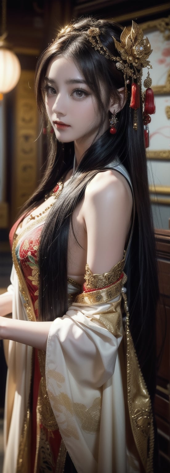  A girl, photographed from head to toe, wears an ornate, flowing costume from ancient Chinese Dunhuang murals in bright colors including black, gold and red, embellished with floral patterns and delicate details. The long flowing black hair is decorated with ornate hair accessories, against a background of softly blurred glowing spheres and abstract elements, suggesting a mysterious or dreamy environment. The dynamic light and flow of clothing convey a sense of movement, adding to the ethereal quality of the artwork. The overall ambience is both serene and vivid, and the rich combination of textures and colors is intoxicating