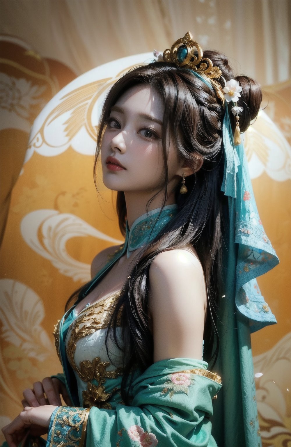  A girl, photographed from head to toe, wears an ornate, flowing costume from ancient Chinese Dunhuang murals in bright colors including turquoise, gold and red, embellished with floral patterns and delicate details. The long flowing black hair is decorated with ornate hair accessories, against a background of softly blurred glowing spheres and abstract elements, suggesting a mysterious or dreamy environment. The dynamic light and flow of clothing convey a sense of movement, adding to the ethereal quality of the artwork. The overall ambience is both serene and vivid, and the rich combination of textures and colors is intoxicating