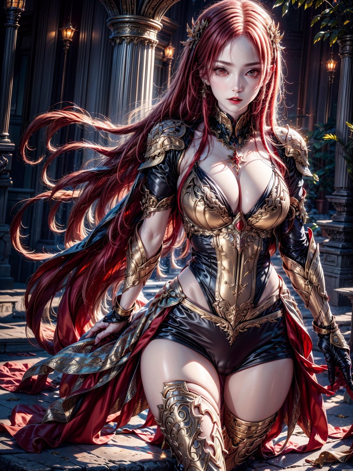 A female vampire with fiery red hair and snow-white skin is dressed in a full-body suit of opulent gold and red armor, which is highly intricate, noble, and combines elements of both ancient and mechanical styles. The scene is illuminated by bright lighting and captured in stunning 8K resolution.