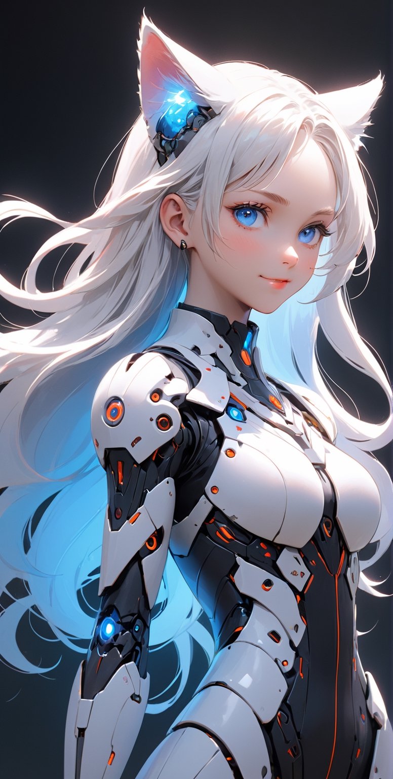 Banner clothing, long hair, leaning_forward, light smile, , (((full body))), Eizan Kikukawa, cybernetic, cyberpunk art, plasticien best quality, masterpiece, perface, Utail, Utails , hyperdetailed eyes, 8k, harmonic, beautiful, intricate details | albino skin, crystal blue eyes, long and wavy white hair, composing  aura,blurry_light_background,midjourney,Korean,Beauty,Girl,High detailed ,Color magic,LinkGirl,cutegirlmix,cyborg style,korean girl,SAM YANG,asian girl,Saturated colors,mecha,TifaFF7,photo r3al,science fiction,isni,Xxmix_Catecat,traditional,fire element