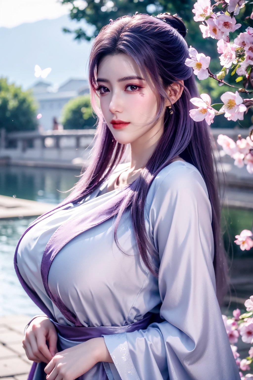 (masterpiece, best quality:1.2), highres, extremely detailed, 1 girl, purple hair, eye highlights,purple dress, frills, outdoors, flower, fluttering petals, upper body, depth of field,pastel color, Depth of field,garden of the sun,shiny,flowers, garden, 1girl, butterfly style, butterflies, ultra detailed, glary,Light, light particles,glitter,reflect,,(big breasts:1.39),Xyunxiao,sky_moon,hanfu