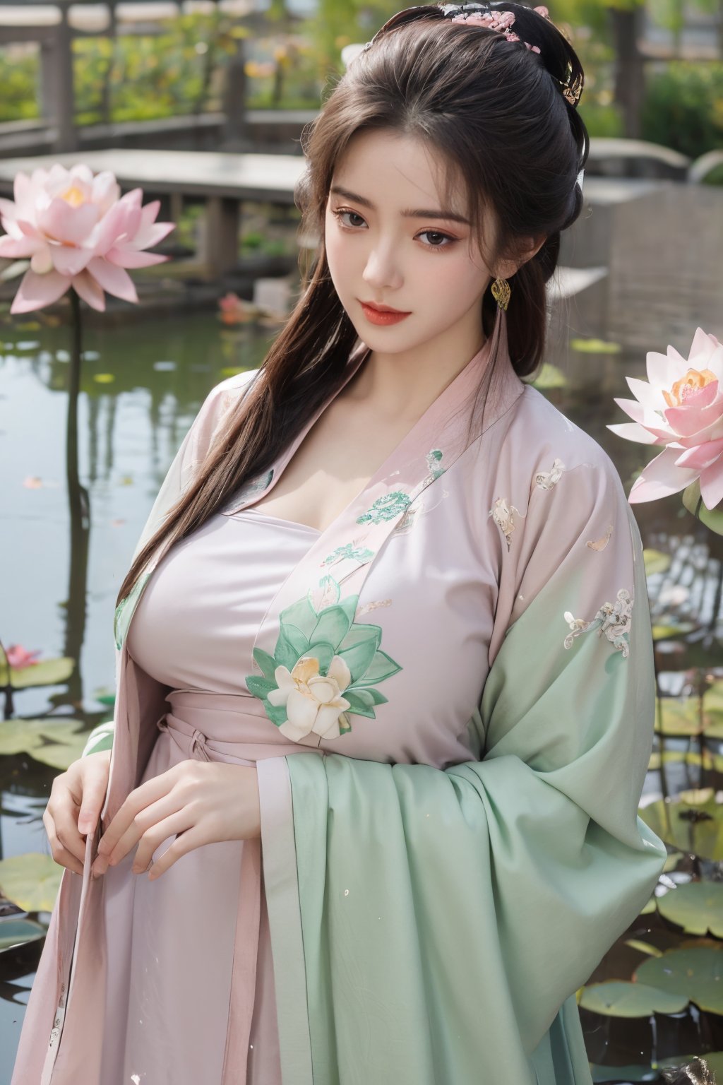 (masterpiece, best quality:1.2), highres, extremely detailed, 1 girl, long hair, eye highlights,(light green hanfu dress:1.33), frills, outdoors, flower, fluttering petals, upper body, depth of field,pastel color, Depth of field,garden of the sun,shiny,flowers, garden, 1girl, butterfly style, butterflies, ultra detailed, glary,Light, light particles,glitter,reflect,(Ancient Chinese pattern embroidery:1.23),(big breasts:1.76),Xyunxiao,(pink lotus,Lotus Pond:1.59),(Background Chinese ancient architecture:1.29)