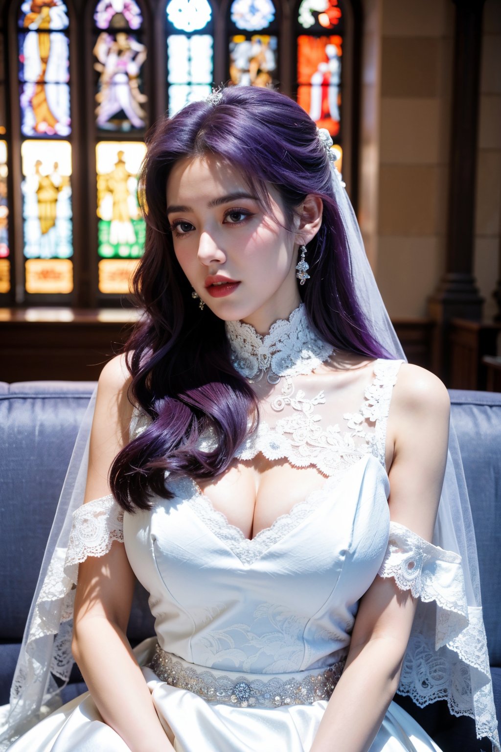 masterpiece,1girl,(mature female:0.5),tall body,golden proportions,(Kpop idol),(shiny skin:1.2),(oil skin:1.1),makeup,(close up),(church background:1.2),depth of field,(closed mouth:0.5),((long wavy purple hair)),(puffy eyes),(eyelashes:1.1),(parted lips:1.1),red lipstick,fantasy art style,dreamy light,(high neck purple wedding dress:1.33),(lace long wedding dress:1.39),perfect body,(dreamy veil:1.3),(dusk:1.2),princess shoes,(diamond necklace),(crystal hairpin),tyndall effect,highres,(Sit on the sofa:1.3),(big breasts:1.68),