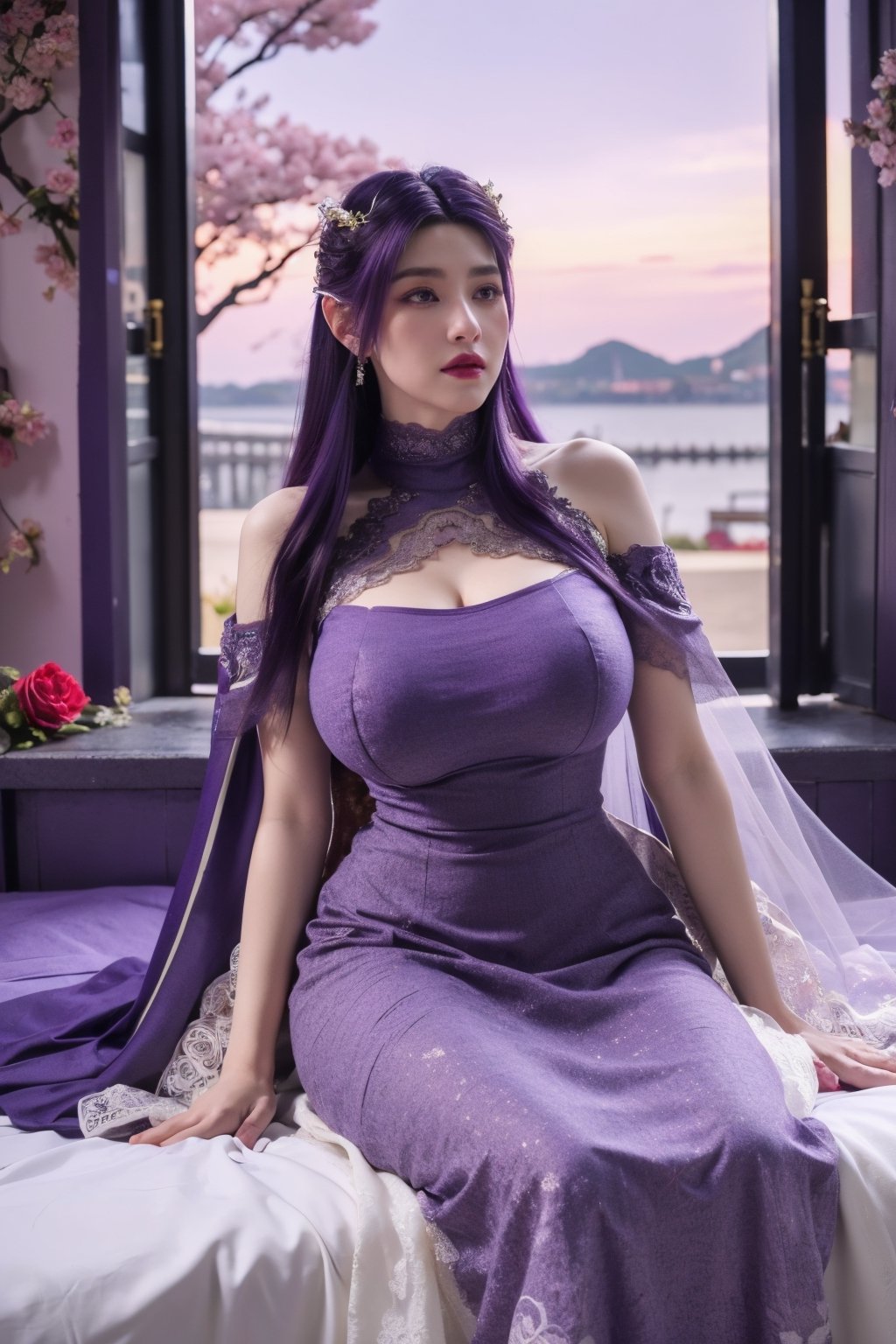 masterpiece,1girl,(mature female:0.5),tall body,full  body,golden proportions,(Kpop idol),(shiny skin:1.2),(oil skin:1.1),makeup,(close up),depth of field,(closed mouth:0.5),(purple hair:1.5),(very long hair:1.36),(puffy eyes),(eyelashes:1.1),(parted lips:1.1),red lipstick,fantasy art style,dreamy light,(purple wedding dress:1.59),(High Neck purple long wedding dress:1.39),(lace:1.49),perfect body,(purple dreamy veil:1.3),(dusk:1.2),(purple princess shoes:1.1),(diamond necklace),(crystal hairpin),tyndall effect,highres,(sitting on a bed:1.59),(The room is covered with colorful roses:1.79), (big breasts:2.59),(The background window is a seaside scenery with cherry blossoms in full bloom:1.69),(Purple themed room with purple decoration:1.59)