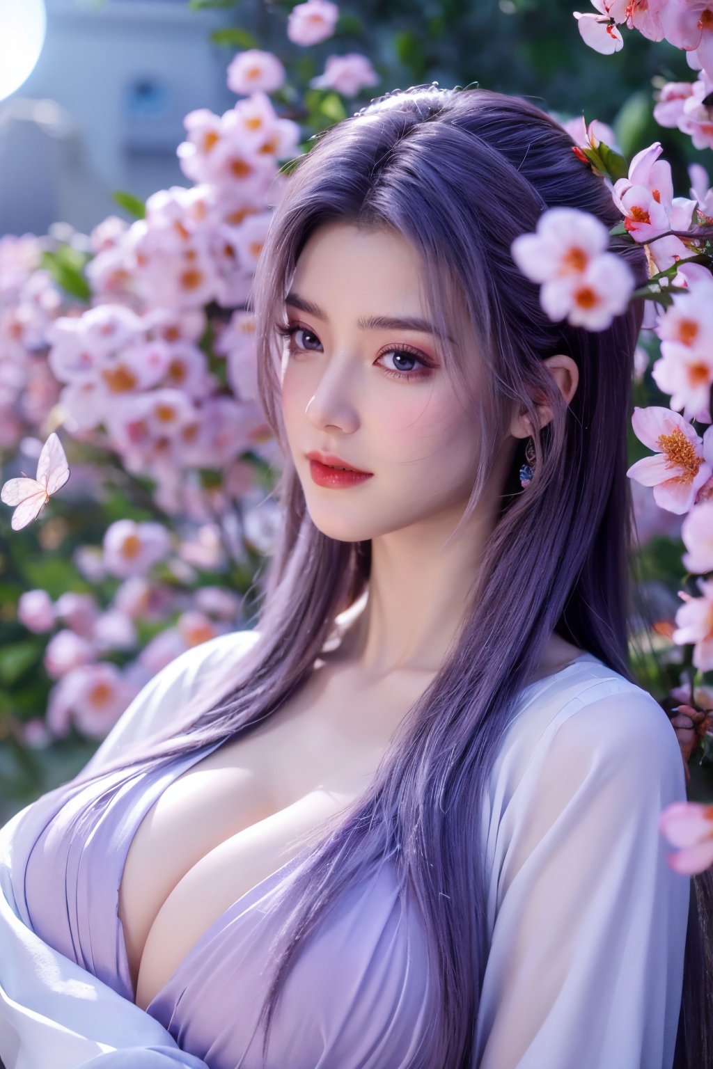 (masterpiece, best quality:1.2), highres, extremely detailed, 1 girl, purple hair, eye highlights,purple dress, frills, outdoors, flower, fluttering petals, upper body, depth of field,pastel color, Depth of field,(garden of the sun,shiny,flowers, garden, 1girl, butterfly style, butterflies:1.23), ultra detailed, glary,Light, light particles,glitter,reflect,,(big breasts:1.52),Xyunxiao,full_moon,hanfu