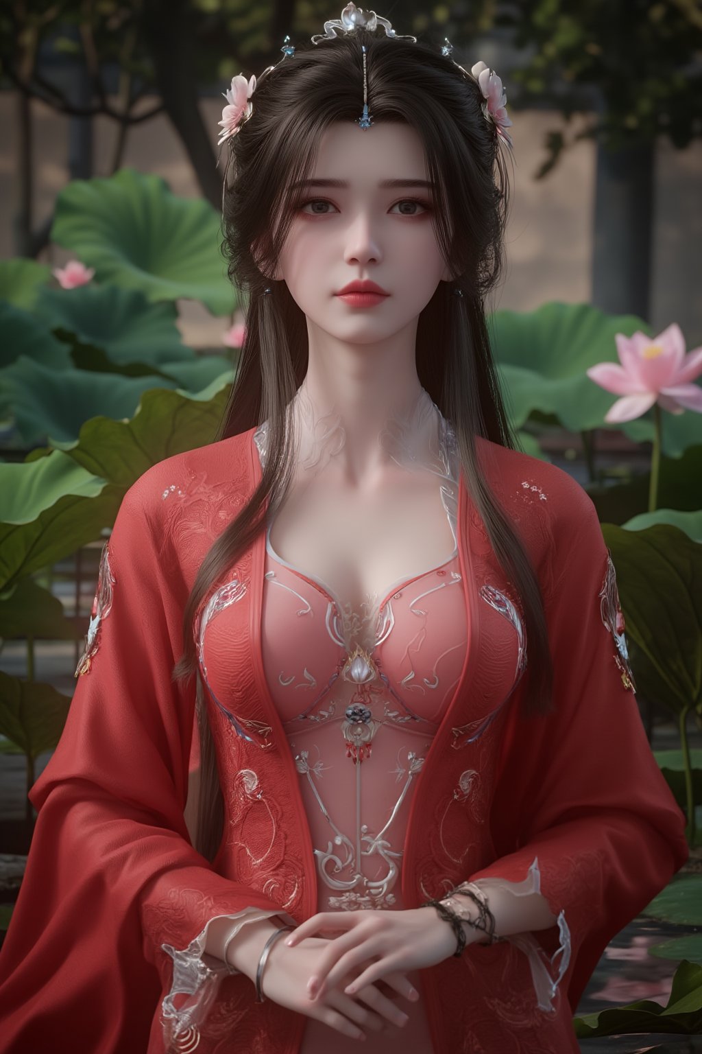 (8k, RAW photo, best quality, masterpiece:1.2), (realistic, photo-realistic:1.2)(raw photo) , detailed and intricate, original,highres,looking at viewer,upper body,black hair,BREAK,(light red 
 clothing:1.39),(huge breasts:2.29),Xyunxiao,1girl,(full moon,Peony:1.36),BREAK,( Chinese Phoenix pattern embroidery:1.26),Xxiaolongnv,Xlimuwan,Xjiuweihu,(Mid-Autumn Festival theme, moon cakes, jade rabbit, lanterns, fireworks:1.36), (lotus, lotus pond:1.39)