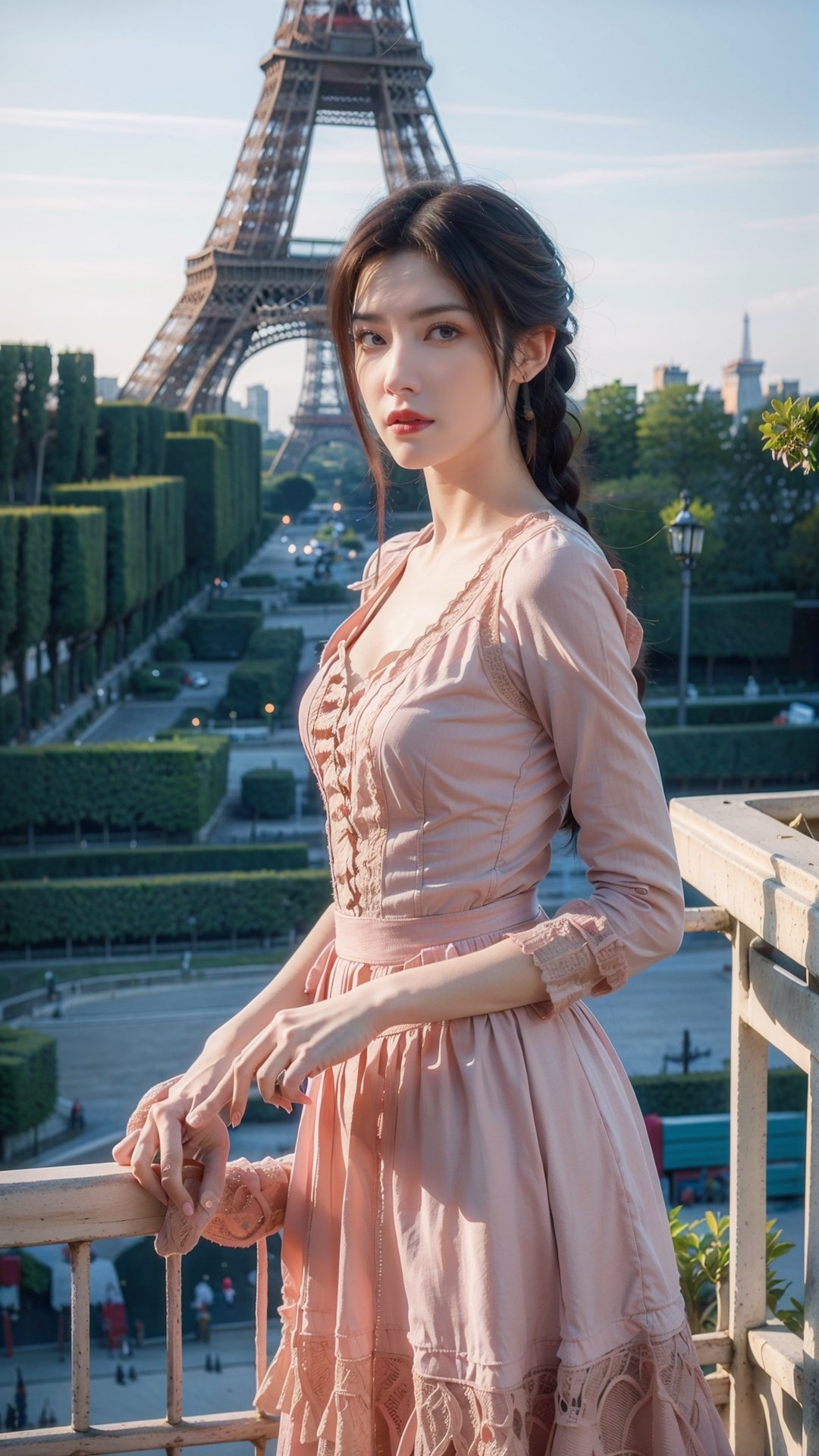 Best quality, masterpiece, ultra high res, raw photo, beautiful and aesthetic,deep shadow,(photorealistic:1.4),
(qyc \(manaka nemu\), 1girl, pink|Red|blue dress, braid),outdoors, (garden, paris:1.5),VICTORIAN DRESS,(Eiffel Tower:1.5),facing the camera