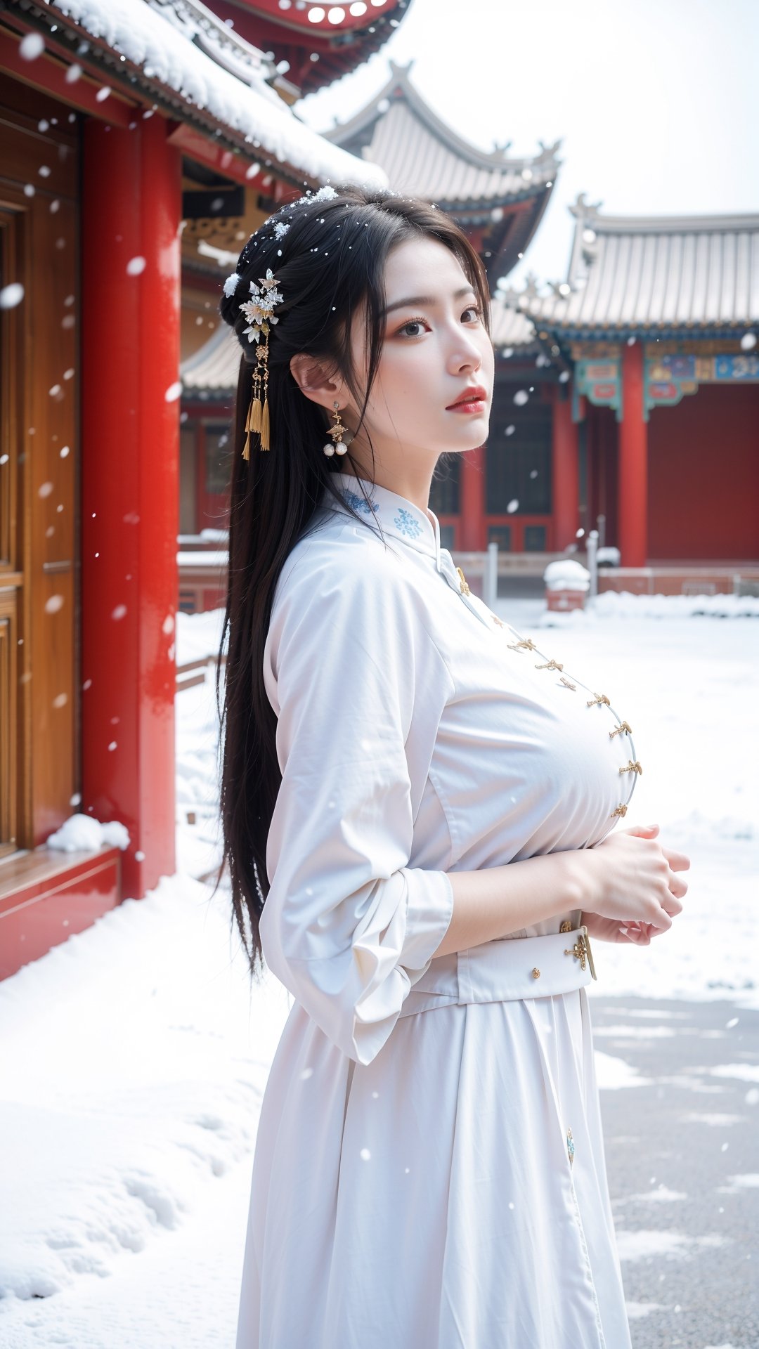 Masterpiece, Best Quality,young and beautiful Chinese girl wearing a cheongsam with coiled hair, , wearing vintage Chinese earrings, (big breasts:1.36),1girl, half, (Masterpiece:1.2), best quality, arien_hanfu, 1girl, (falling_snow:1.3), looking_at_viewer, , (big breasts:1.46),