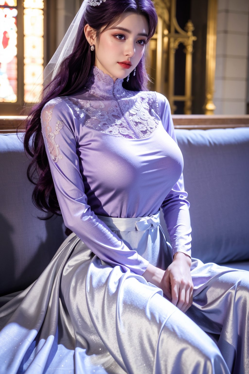 masterpiece,1girl,(mature female:0.5),tall body,golden proportions,(Kpop idol),(shiny skin:1.2),(oil skin:1.1),makeup,(close up),(church background:1.2),depth of field,(closed mouth:0.5),((long wavy purple hair)),(puffy eyes),(eyelashes:1.1),(parted lips:1.1),red lipstick,fantasy art style,dreamy light,(high neck purple wedding dress:1.59),(lace long wedding dress:1.39),perfect body,(dreamy veil:1.3),(dusk:1.2),princess shoes,(diamond necklace),(crystal hairpin),tyndall effect,highres,(Sit on the sofa:1.3),(big breasts:1.79),