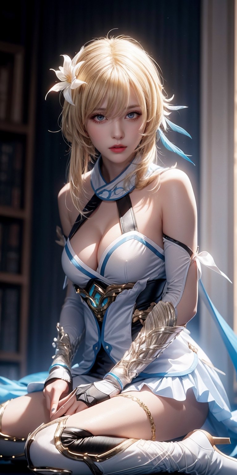 Real life, 1girl, GILumine, yellow eyes, bangs, blonde hair, hair between eyes, hair ornament, short hair with long locks, breasts, hair flower, feather hair ornament, detached sleeves, black gloves, thigh boots, bare shoulders, cleavage, boots, white footwear, upper body, looking at viewer,GILumine