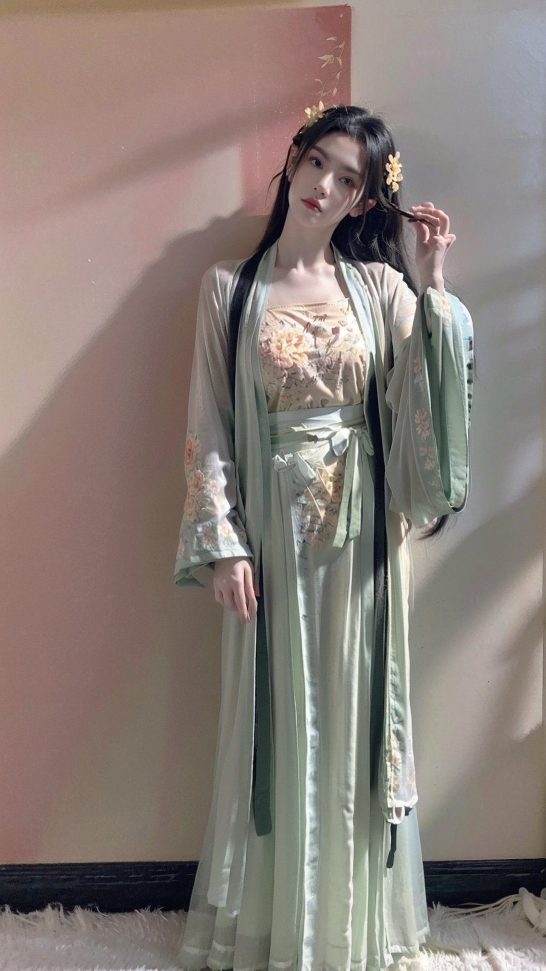 (hanfu),(floral print:1.3),(pink see-through shirt),(green see-through print long skirt),(long sleeves),1 girl,full body,(long hair:1.1),,(big breasts:1.5), (realistic:1.7),((best quality)),absurdres,(ultra high res),(photorealistic:1.6),photorealistic,octane render,(hyperrealistic:1.2), (photorealistic face:1.2), (8k), (4k), ,,(big breasts:1.5),(Masterpiece),(realistic skin texture), (illustration, cinematic lighting,wallpaper),( beautiful eyes:1.2),((((perfect face)))),(cute),(standing),(black hair),black eyes,red lips, outdoors, (chinese style buildings), ,hanfu,Agoon