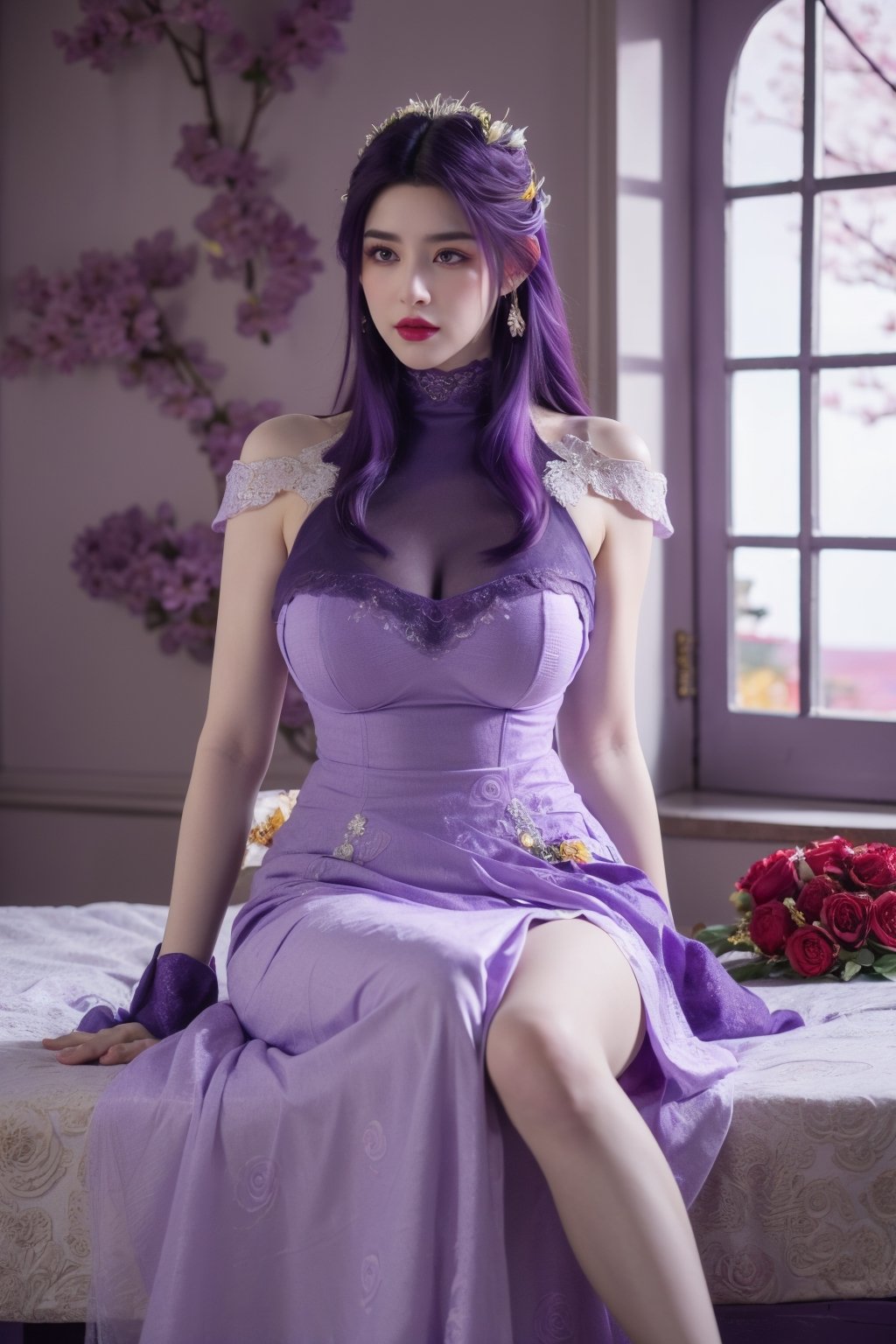 masterpiece,1girl,(mature female:0.5),tall body,full  body,golden proportions,(Kpop idol),(shiny skin:1.2),(oil skin:1.1),makeup,(close up),depth of field,(closed mouth:0.5),(purple hair:1.5),(very long hair:1.36),(puffy eyes),(eyelashes:1.1),(parted lips:1.1),red lipstick,fantasy art style,dreamy light,(purple wedding dress:1.59),(High Neck purple long wedding dress:1.39),(lace:1.49),perfect body,(purple dreamy veil:1.3),(dusk:1.2),(purple princess shoes:1.1),(diamond necklace),(crystal hairpin),tyndall effect,highres,(sitting on a bed:1.59),(The room is covered with colorful roses:1.79), (big breasts:2.59),(The background window is a seaside scenery with cherry blossoms in full bloom:1.69),(Purple themed room with purple decoration:1.59)