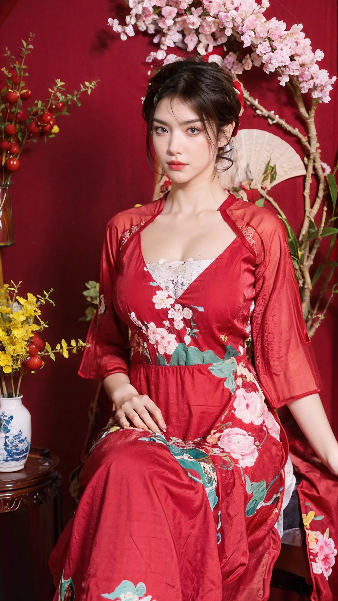 masterpiece, best quality, 1girl, solo, short hair, black hair, sitting, indoors, chair, floral print, table, plant, hand fan, aodai,aodaicuoi,(big breasts:1.39),